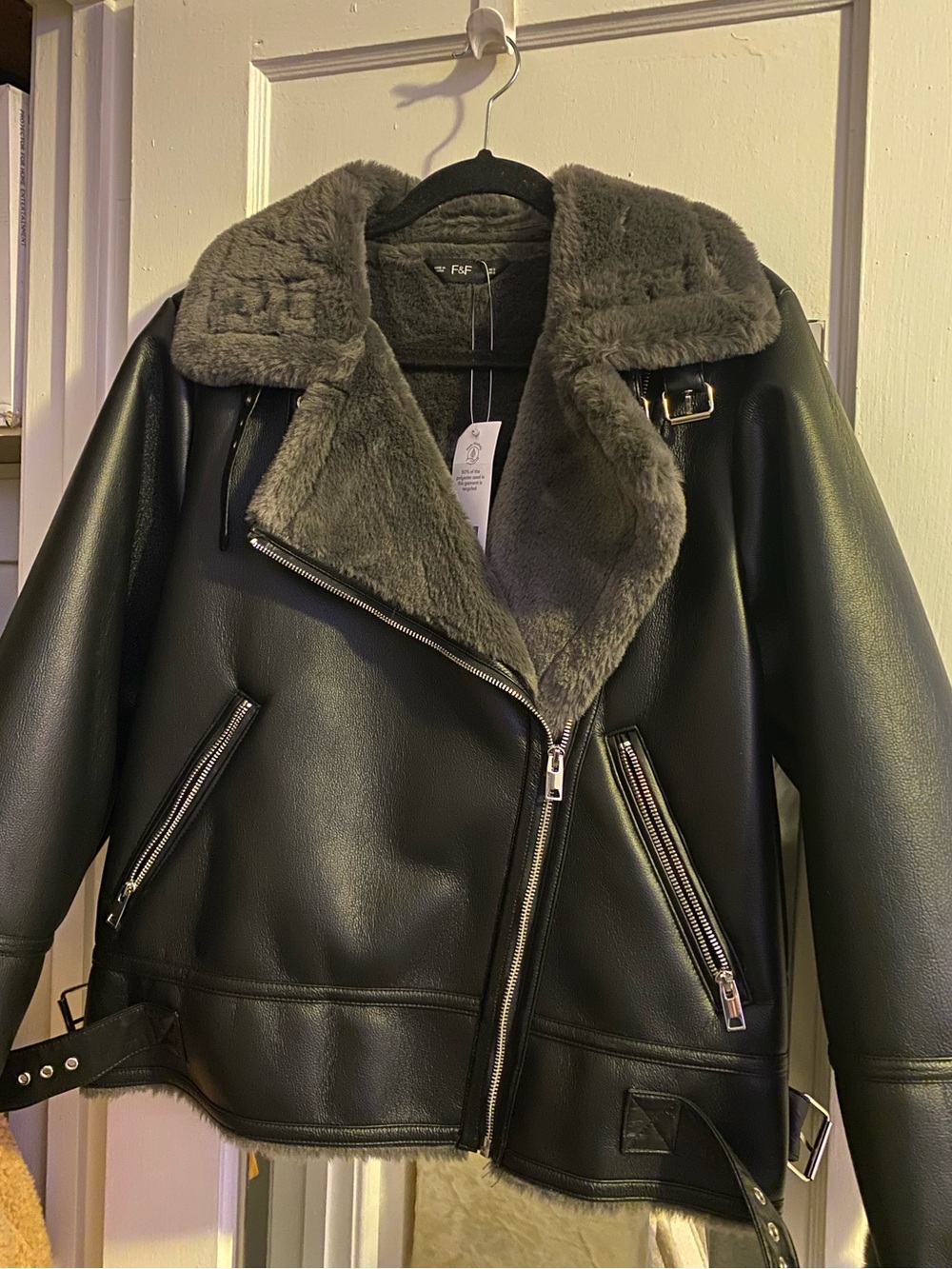 F&F Black Faux Leather Moto Jacket with Grey Faux-Shearling Collar
